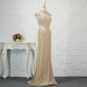Luxe Champagne Fait Main Perlage Robe De Soirée 2019 Trompette Sirène Cristal Paillettes Col Haut Sans Manches Train De Balayage Robe De Ceremonie