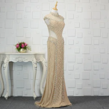 Luxe Champagne Fait Main Perlage Robe De Soirée 2019 Trompette Sirène Cristal Paillettes Col Haut Sans Manches Train De Balayage Robe De Ceremonie