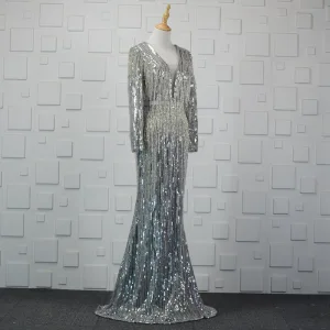 Luxe Scintillantes Argenté Fait Main Perlage Robe De Soirée 2019 Trompette Sirène Cristal Paillettes Gland V Cou Manches Longues Dos Nu Train De Balayage Robe De Ceremonie