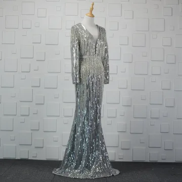 Luxury Gorgeous Sparkly Silver Handmade Beading Evening Dresses 2019 Trumpet Mermaid Crystal Sequins Tassel V Neck Long Sleeve Backless Sweep Train Formal Dresses