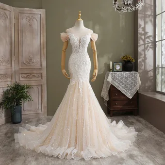 Sexy Champagne Robe De Mariée 2021 Trompette Sirène Encolure Dégagée Paillettes En Dentelle Fleur Manches Courtes Dos Nu Cathedral Train Mariage