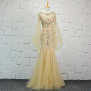 Luxe Champagne Fait Main Perlage Robe De Soirée 2019 Trompette Sirène Cristal Faux Diamant Paillettes Encolure Dégagée Manches De Cloche Train De Balayage Robe De Ceremonie
