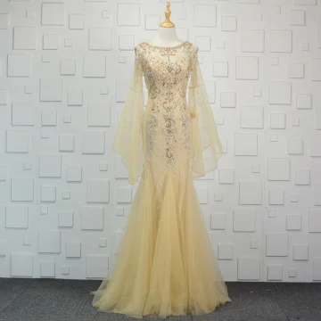 Luxe Champagne Fait Main Perlage Robe De Soirée 2019 Trompette Sirène Cristal Faux Diamant Paillettes Encolure Dégagée Manches De Cloche Train De Balayage Robe De Ceremonie