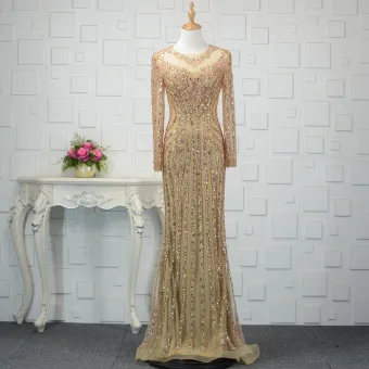 Luxe Champagne Fait Main Perlage Robe De Soirée 2019 Trompette Sirène Cristal Paillettes Encolure Dégagée Manches Longues Train De Balayage Robe De Ceremonie