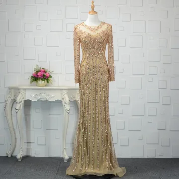 Luxe Champagne Fait Main Perlage Robe De Soirée 2019 Trompette Sirène Cristal Paillettes Encolure Dégagée Manches Longues Train De Balayage Robe De Ceremonie