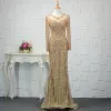 Luxury / Gorgeous Champagne Handmade  Beading Evening Dresses  2019 Trumpet / Mermaid Crystal Sequins Scoop Neck Long Sleeve Sweep Train Formal Dresses