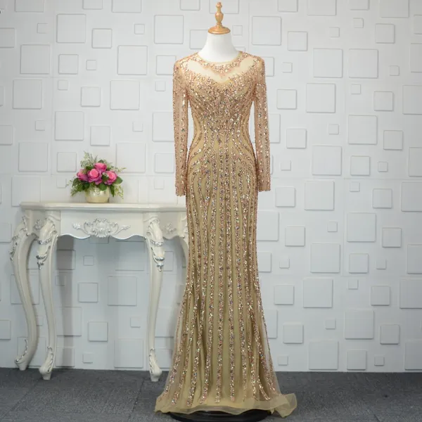 Luxury / Gorgeous Champagne Handmade  Beading Evening Dresses  2019 Trumpet / Mermaid Crystal Sequins Scoop Neck Long Sleeve Sweep Train Formal Dresses
