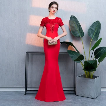 Chic Beautiful Red Evening Dresses 2019 Trumpet Mermaid Crystal Sequins Scoop Neck Floor Length Long Short Sleeve Formal Dresses