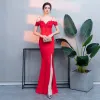 Piękne Czerwone Sukienki Wieczorowe 2019 Syrena / Rozkloszowane Frezowanie Kutas Podział Przodu Spaghetti Pasy Bez Pleców Kótkie Rękawy Długie Sukienki Wizytowe