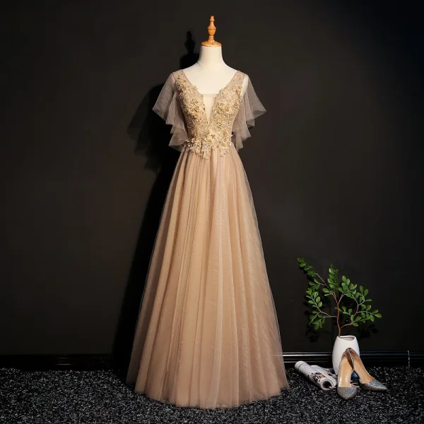 Elegant Champagne Prom Dresses 2019 A-Line / Princess Lace Appliques Beading Crystal V-Neck Short Sleeve Backless Floor-Length / Long Formal Dresses