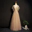 Elegant Champagne Prom Dresses 2019 A-Line / Princess Lace Appliques Beading Crystal V-Neck Short Sleeve Backless Floor-Length / Long Formal Dresses