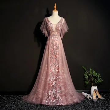 Élégant Perle Rose Robe De Soirée 2019 Princesse En Dentelle Perlage Cristal V Cou Manches Courtes Dos Nu Train De Balayage Robe De Ceremonie