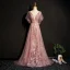 Elegant Pearl Pink Evening Dresses  2019 A-Line / Princess Lace Beading Crystal V-Neck Short Sleeve Backless Sweep Train Formal Dresses