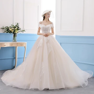 Élégant Champagne Robe De Mariée 2019 Princesse En Dentelle De L Épaule Manches Courtes Dos Nu Royal Train