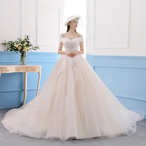 Eleganckie Szampan Suknie Ślubne 2019 Princessa Z Koronki Przy Ramieniu Kótkie Rękawy Bez Pleców Trenem Królewski