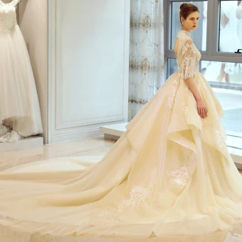 Vintage Originale Champagne Robe De Mariée 2018 Princesse Dos Nu En Dentelle Fleur Volants En Cascade Col Haut 3 4 Manches Cathedral Train Mariage