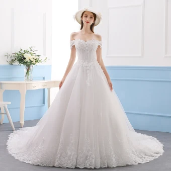 Élégant Ivoire Robe De Mariée 2019 Princesse En Dentelle Fleur Cristal Paillettes De L Épaule Manches Courtes Dos Nu Cathedral Train