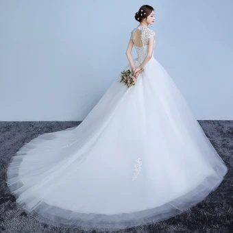 Élégant Blanche Robe De Mariée 2019 Robe Boule En Dentelle Fleur Perle Paillettes Col Haut Manches Courtes Dos Nu Cathedral Train