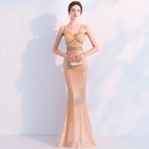Sparkly Champagne Selskapskjoler 2019 Trompet Havfrue Krystall Paljetter V Hals Uten Ermer Ryggløse Lange Formelle Kjoler