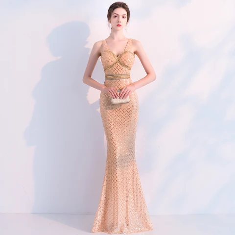 Brillante Champán Vestidos de noche 2019 Trumpet / Mermaid Crystal Lentejuelas V-Cuello Sin Mangas Sin Espalda Largos Vestidos Formales