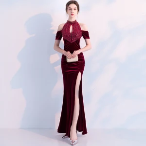 Charmant Bordeaux Robe De Soirée 2019 Trompette Sirène Daim Perlage Cristal Paillettes Encolure Dégagée Manches Courtes Dos Nu Longueur Cheville Robe De Ceremonie