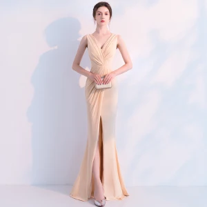 Chic Belle Champagne Robe De Soirée 2019 Trompette Sirène V Cou Sans Manches Dos Nu Longue Robe De Ceremonie