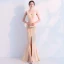 Chic / Beautiful Champagne Evening Dresses  2019 Trumpet / Mermaid V-Neck Sleeveless Backless Floor-Length / Long Formal Dresses
