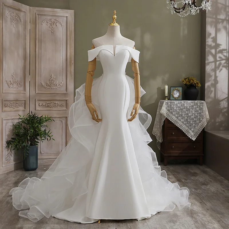 Sexy Ivory Trumpet Mermaid Ruffle Wedding Dresses 2021 Satin Off-The-Shoulder Short