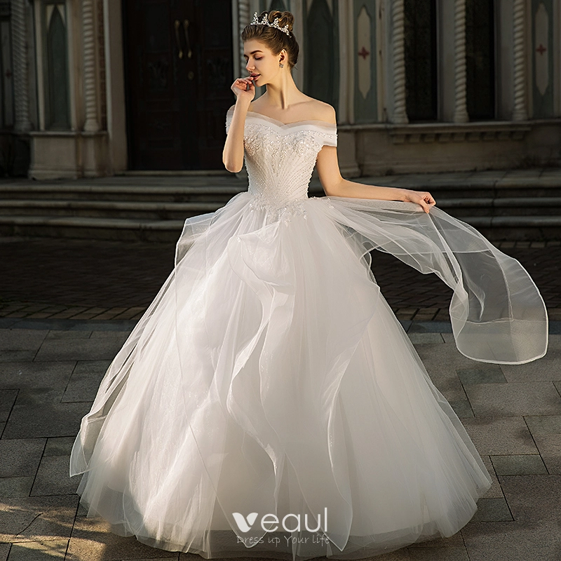 Elegant Ivory Wedding Dresses 2018 Ball Gown Lace Beading Crystal Sequins Cascading Ruffles Off The Shoulder Backless Sleeveless Floor Length Long Wedding