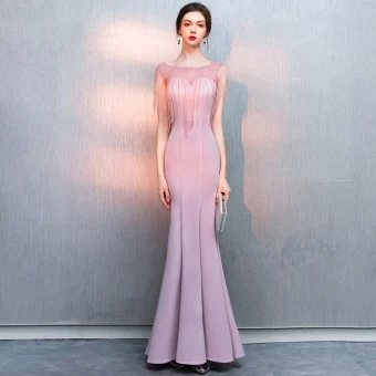 Charmant Rougissant Rose Robe De Soirée 2019 Trompette Sirène Perlage Gland Encolure Dégagée Sans Manches Longue Robe De Ceremonie