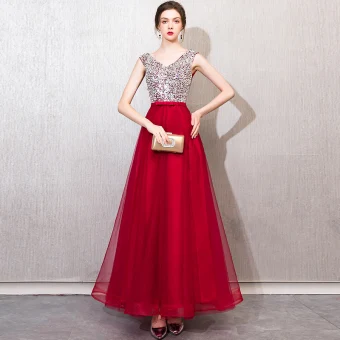 Chic Belle Bordeaux Robe De Soirée 2019 Princesse Perlage Paillettes Noeud V Cou Dos Nu Sans Manches Longue Robe De Ceremonie