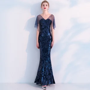 Sparkly Navy Blue Evening Dresses 2019 Trumpet Mermaid Sequins Rhinestone V Neck Backless Short Sleeve Floor Length Long Formal Dresses
