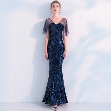 Sparkly Navy Blue Evening Dresses 2019 Trumpet Mermaid Sequins Rhinestone V Neck Backless Short Sleeve Floor Length Long Formal Dresses