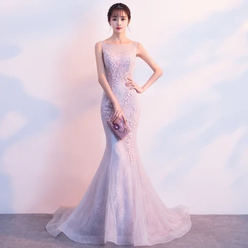 Chic Beautiful Lavender Evening Dresses 2019 Trumpet Mermaid Appliques Lace Sequins Scoop Neck Sleeveless Court Train Evening Party Formal Dresses