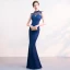 Chic / Belle Bleu Marine Robe De Soirée 2019 Trompette / Sirène Perlage Encolure Dégagée Sans Manches Longue Robe De Ceremonie