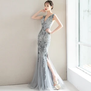 Charming Grey Evening Dresses 2019 Trumpet Mermaid Lace Flower Crystal Sequins V Neck Sleeveless Backless Floor Length Long Formal Dresses
