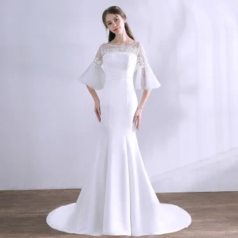 Unique Blanche Robe De Mariée 2018 Trompette Sirène Appliques Encolure Dégagée Dos Nu 3 4 Manches Mariage