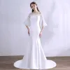 Amazing / Unique White Wedding Dresses 2018 Trumpet / Mermaid Appliques Scoop Neck Backless 3/4 Sleeve Wedding