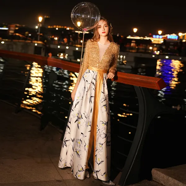 Elegant Gold Evening Dresses  2019 A-Line / Princess Tassel Scoop Neck Beading Sequins Long Sleeve Split Front Printing Floor-Length / Long Formal Dresses