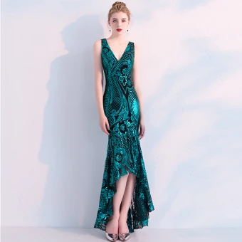 Charming Dark Green Evening Dresses 2019 Trumpet Mermaid Sequins V Neck Sleeveless Backless Asymmetrical Formal Dresses