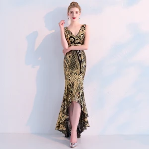Charming Black Gold Evening Dresses 2019 Trumpet Mermaid Sequins V Neck Sleeveless Backless Asymmetrical Formal Dresses