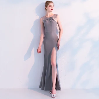 Simple Gris Robe De Soirée 2019 Trompette Sirène En Dentelle Encolure Dégagée Sans Manches Dos Nu Noeud Fendue Devant Longueur Cheville Robe De Ceremonie