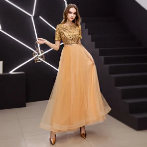 Élégant Doré Robe De Bal 2019 Princesse Encolure Dégagée Pailletée Manches Courtes Longueur Cheville Robe De Ceremonie