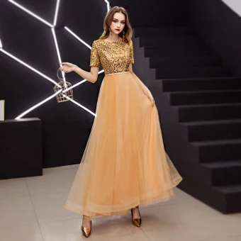 Elegant Gold Prom Dresses 2019 A Line Princess Scoop Neck Sequined Short Sleeve Ankle Length Formal Dresses