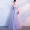 Chic / Beautiful Sky Blue Bridesmaid Dresses 2018 A-Line / Princess Lace Appliques Pearl Off-The-Shoulder Backless Sleeveless Floor-Length / Long Wedding Party Dresses