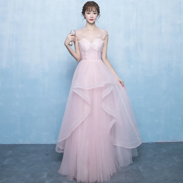 Chic / Beautiful Blushing Pink Prom Dresses 2018 A-Line / Princess Beading Cascading Ruffles Scoop Neck Sleeveless Floor-Length / Long Prom Formal Dresses