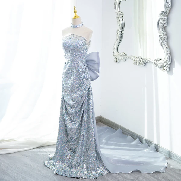 Scintillantes Sexy Argenté Perlage Perle Paillettes Robe De Soirée 2024 Trompette / Sirène Bustier Sans Manches Dos Nu Noeud Longue Soirée