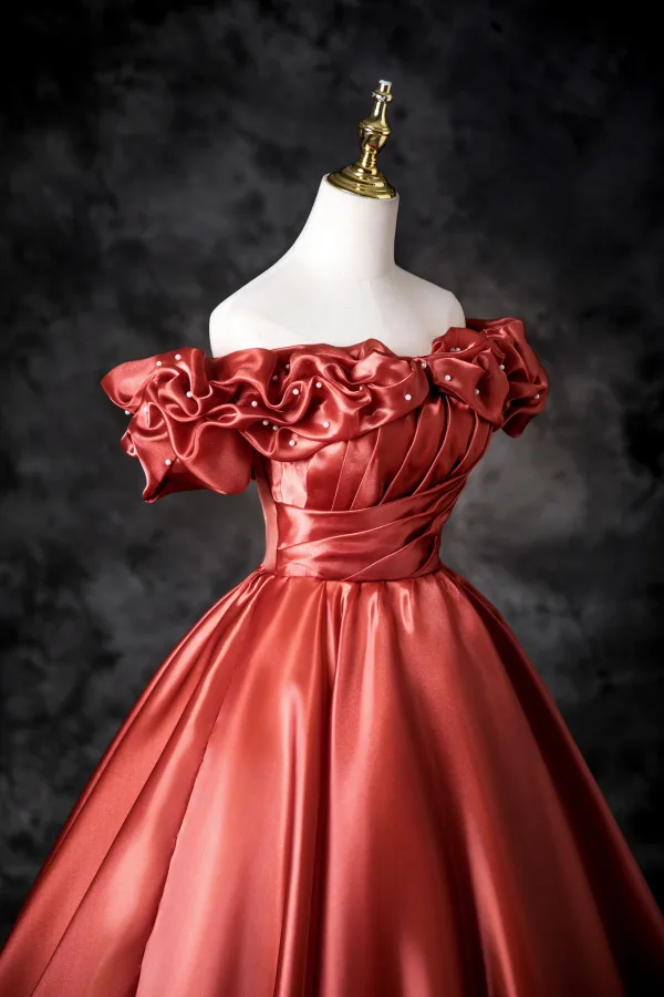 Elegant Watermelon Prom Dresses 2025 Ball Gown Off-The-Shoulder Ruffle Short Sleeve Backless Floor-Length / Long Prom Formal Dresses