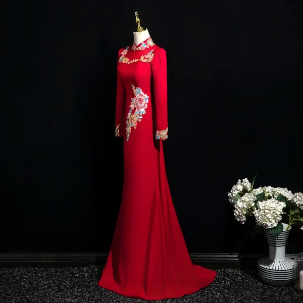Vintage / Retro Burgundy Beading Sequins Lace Flower Evening Dresses 2025 Trumpet / Mermaid High Neck Long Sleeve Floor-Length / Long Evening Party Formal Dresses