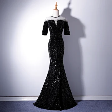 Chic Beautiful Black Evening Dresses 2019 Trumpet Mermaid Scoop Neck Lace Beading Sequins 1 2 Sleeves Floor Length Long Formal Dresses